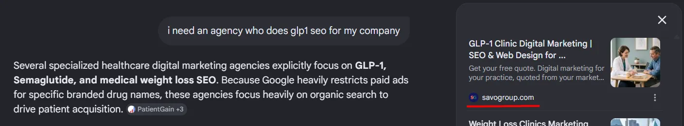 AI answer recommending Savo Group when asked for an SEO agency, proof of AI search visibility