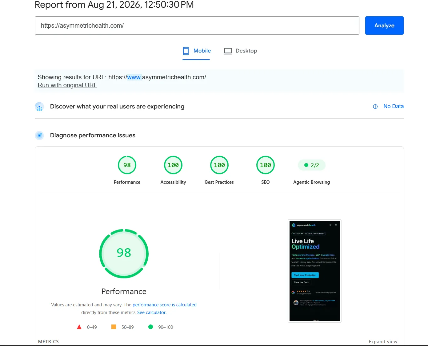 Google PageSpeed Insights mobile report for asymmetrichealth.com dated 21 August 2026, scoring 98 Performance, 100 Accessibility, 100 Best Practices, 100 SEO, and 2 of 2 on Agentic Browsing
