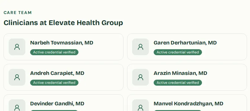 The care team section of a clinic listing showing six named physicians, each with an Active credential verified badge