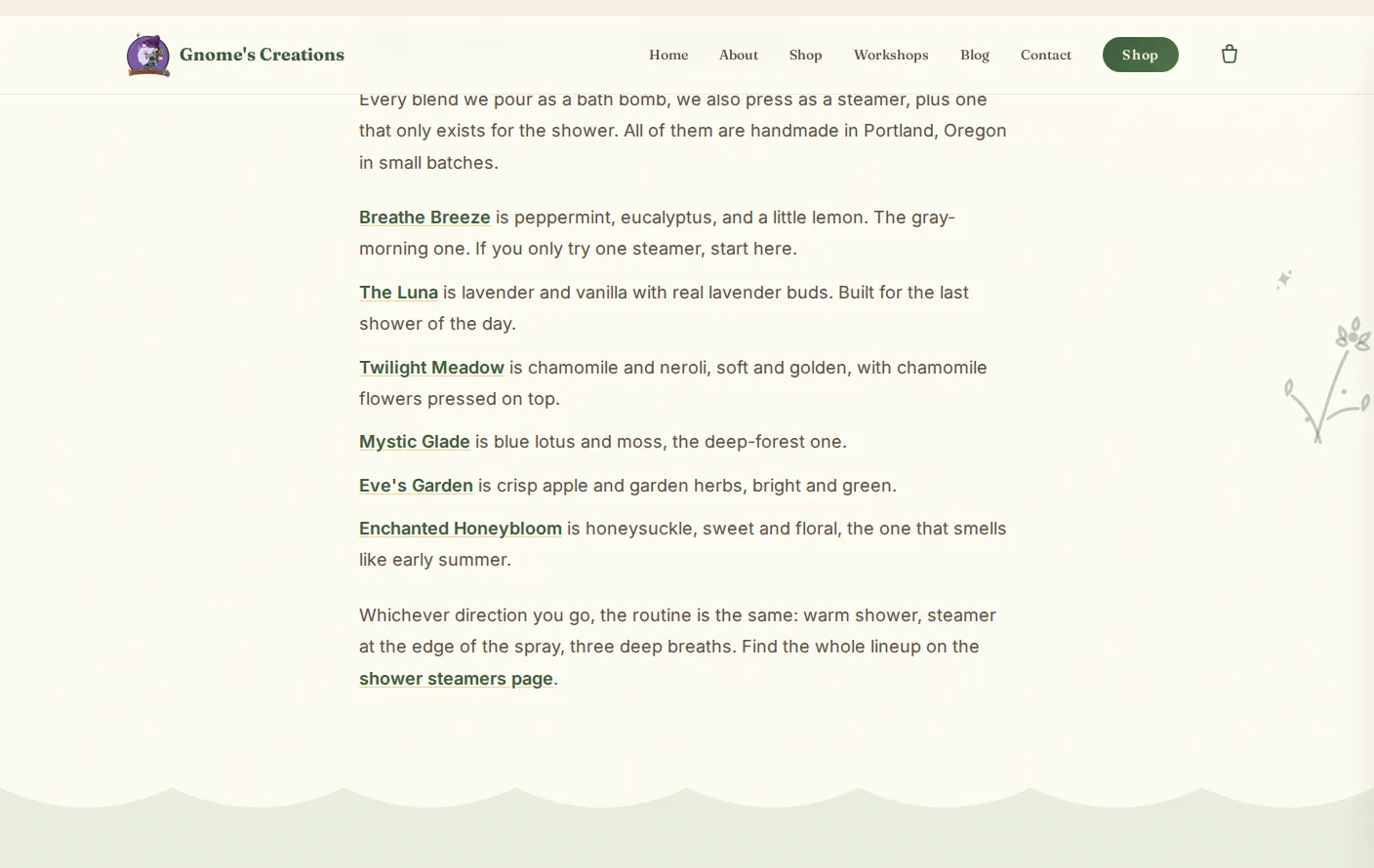 The shower steamer guide listing all six scents, each linked to its product page, with a hand-drawn wildflower in the margin