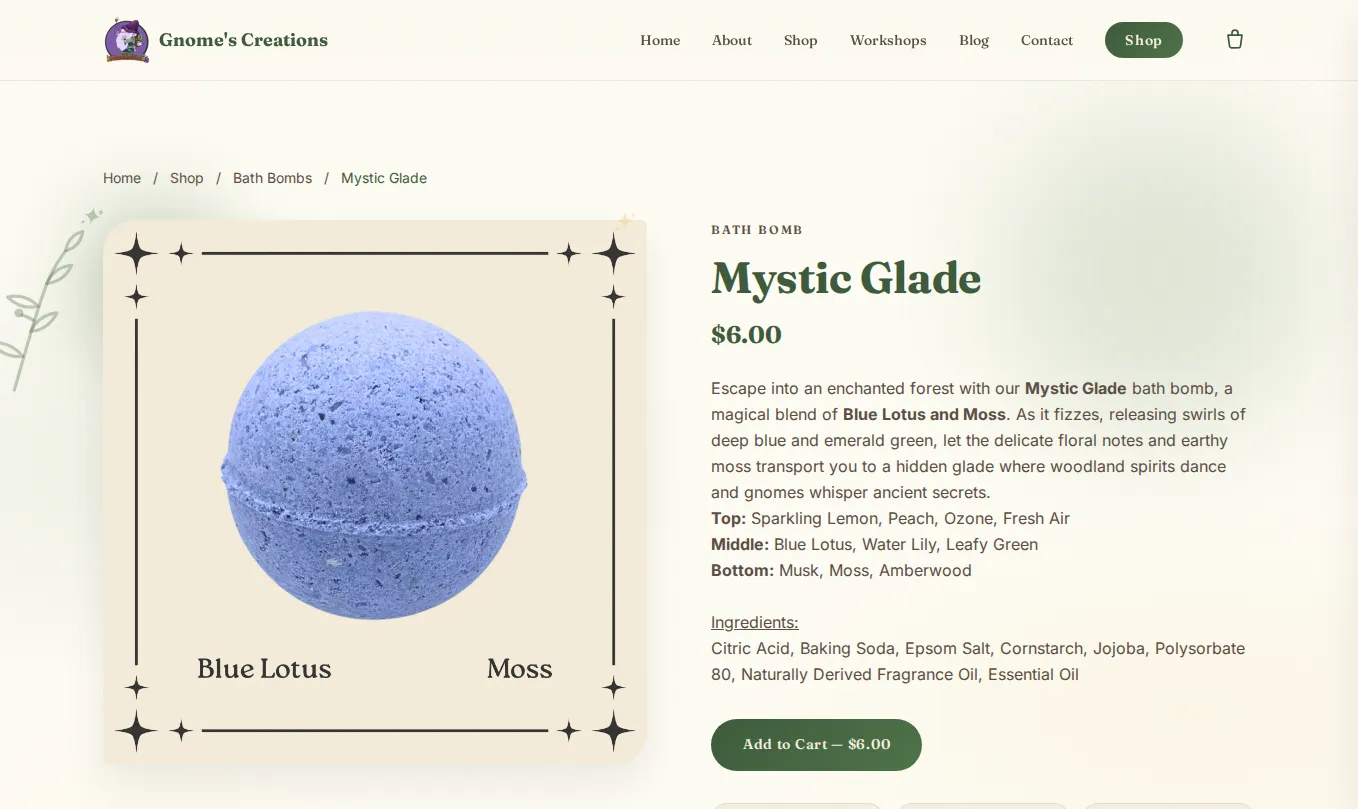 Mystic Glade bath bomb product page with scent notes, full ingredient list, and an add to cart button