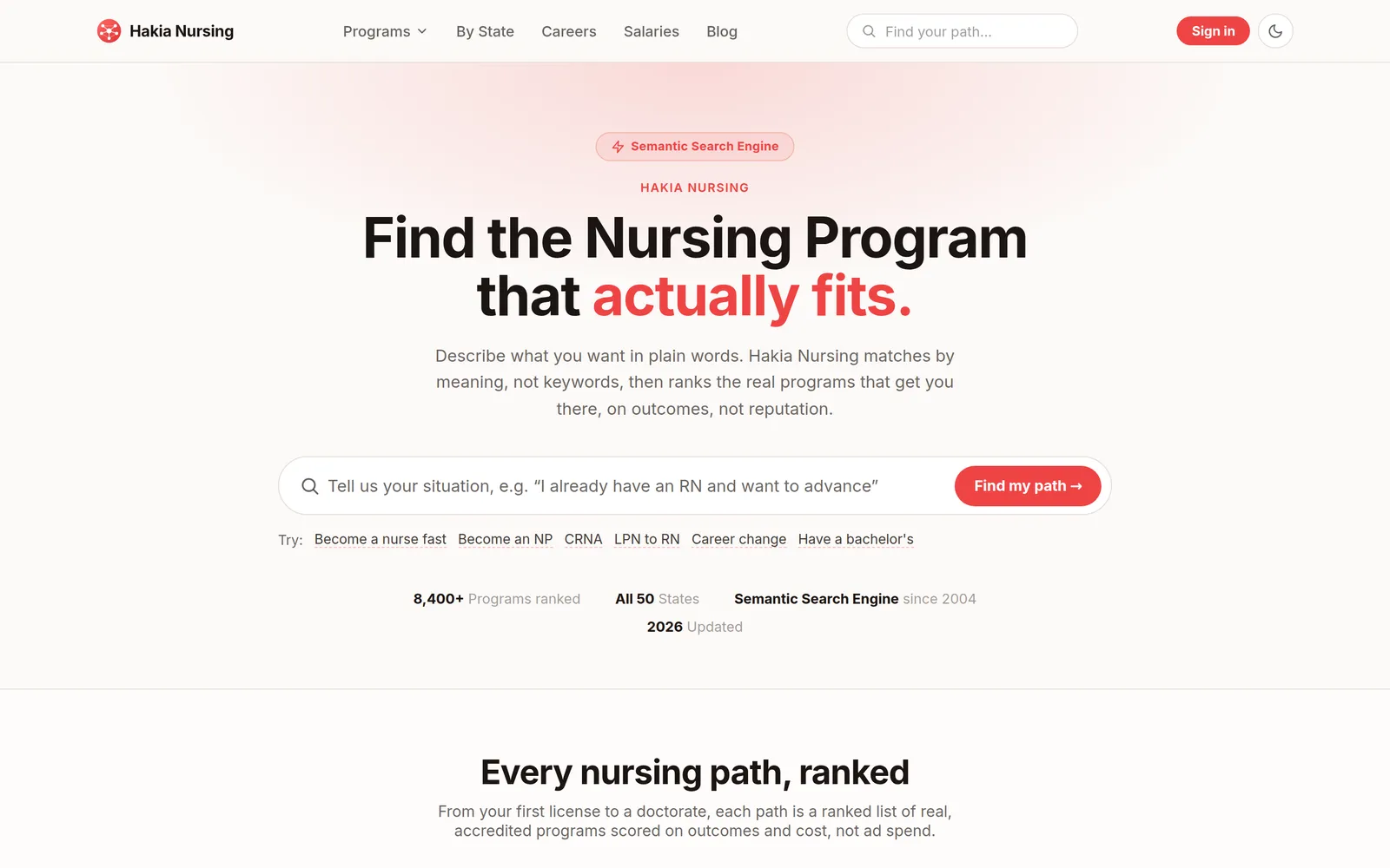 Hakia Nursing semantic search engine for nursing degree programs homepage