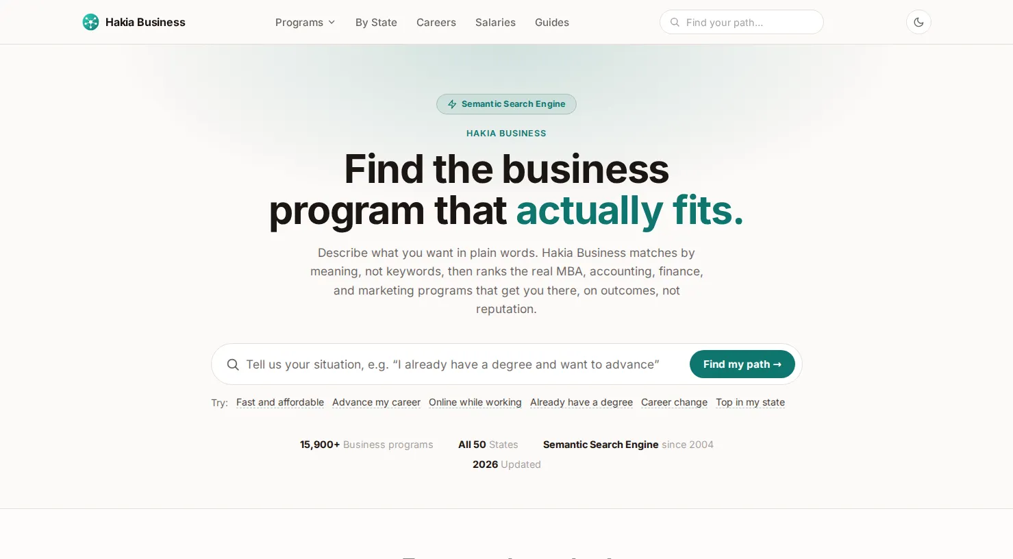 Hakia Business homepage headlined Find the business program that actually fits, with a plain-language search box and a counter reading 15,900 plus business programs across all 50 states