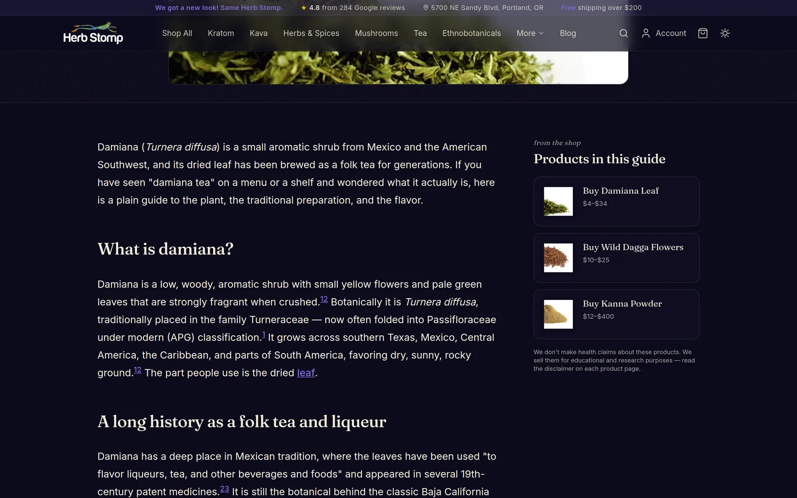 Herb Stomp blog guide with a sticky Products in this guide panel listing the products the article mentions