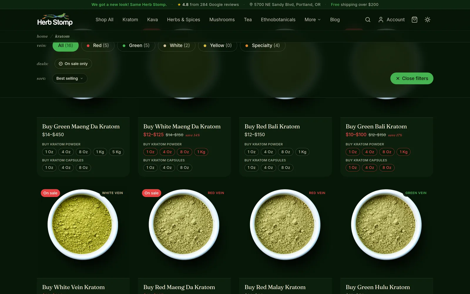 Herb Stomp kratom category page showing vein filters, a product grid, and real intro copy a search engine can use