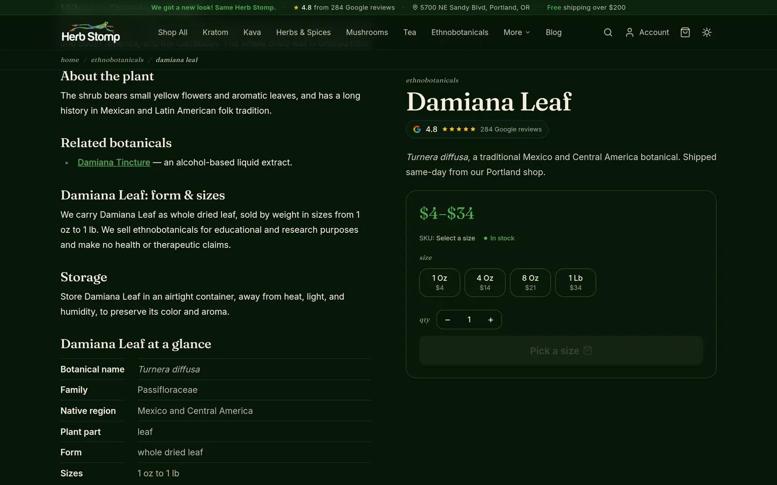 Herb Stomp product page with the price and size selector pinned beside a long-form description