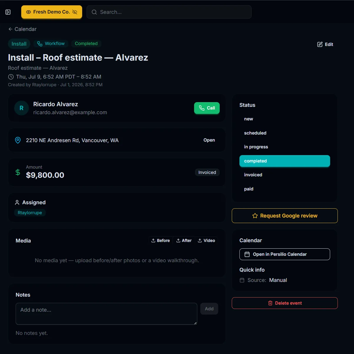 Persilio job page showing a roof estimate with amount, status pipeline from new to paid, and a request Google review button
