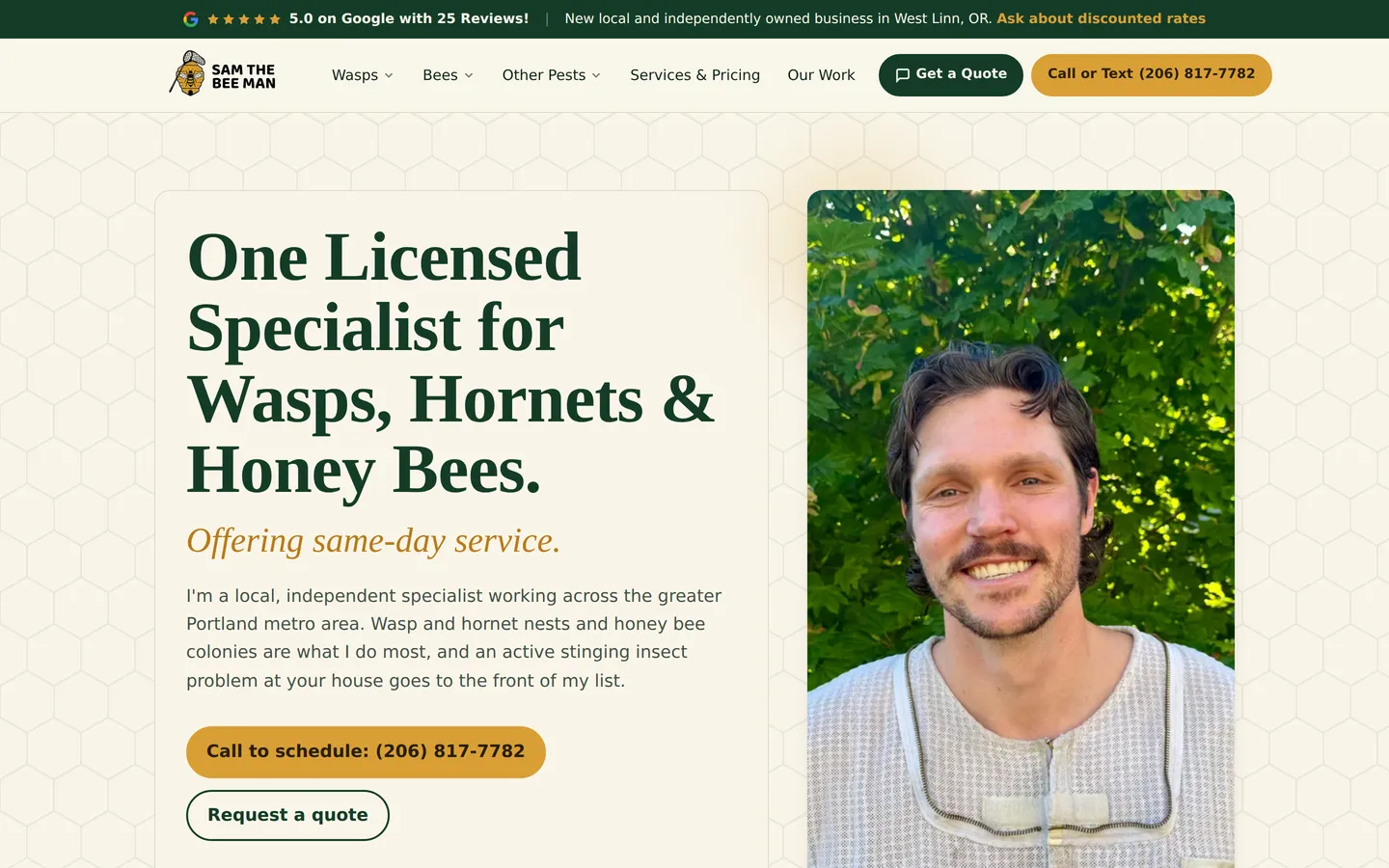 Sam The Bee Man homepage with Sam in a bee suit beside the headline One Licensed Specialist for Wasps, Hornets and Honey Bees, above a 5.0 Google rating bar