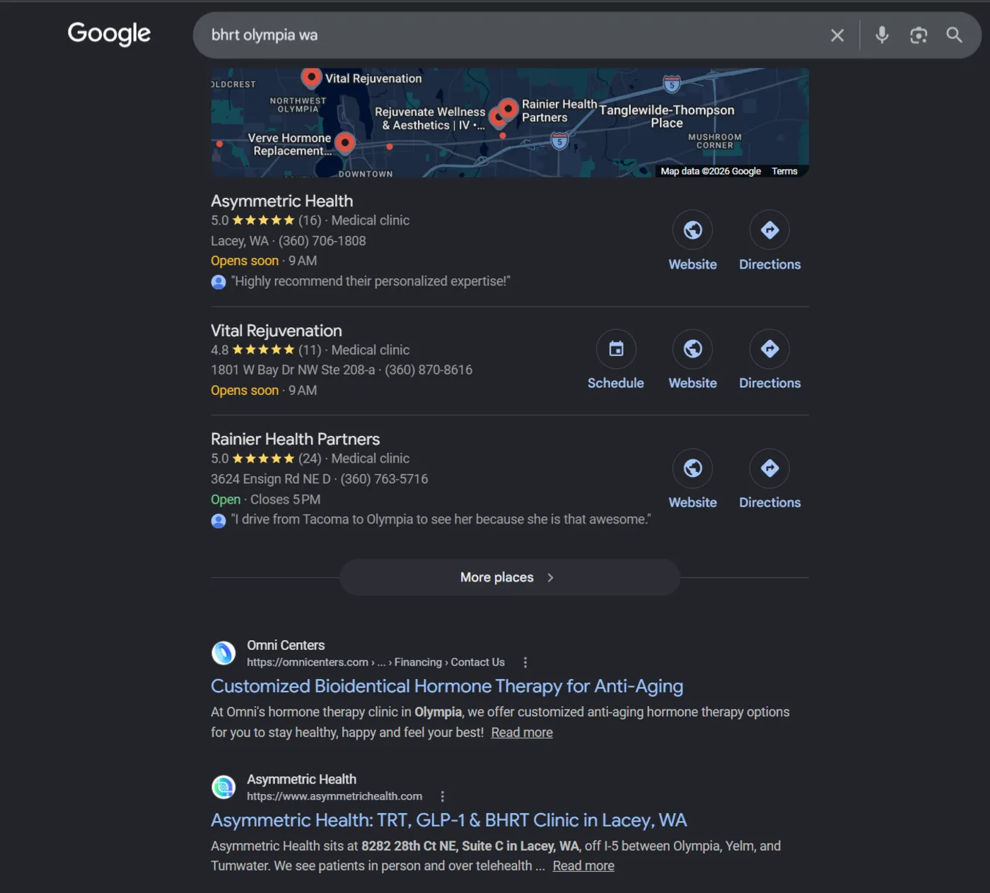Google results for BHRT Olympia WA: Asymmetric Health first in the local pack with a 5.0-star rating and also on page one organically