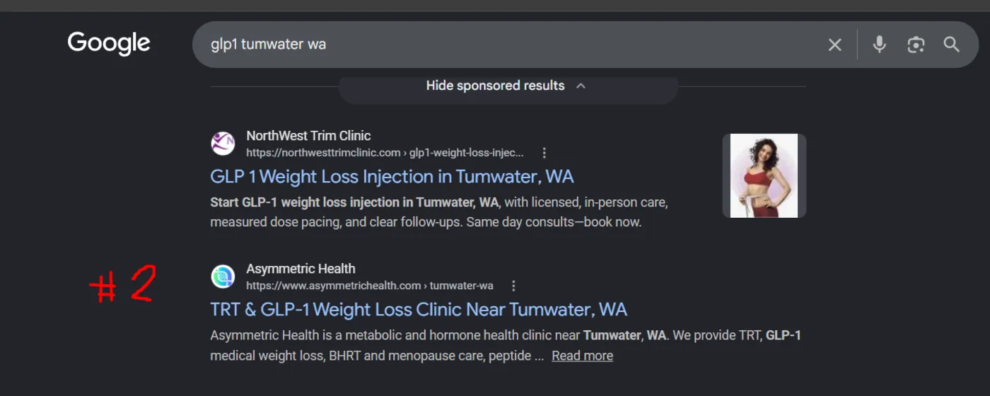 Google results for GLP-1 Tumwater WA: Asymmetric Health city page ranking at the top of the results
