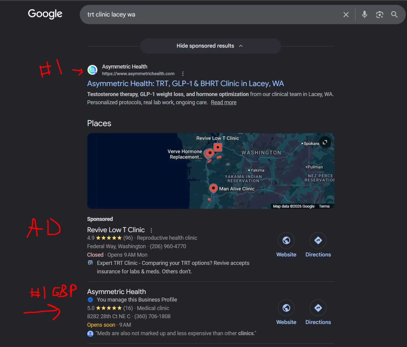 Google results for TRT clinic Lacey WA: Asymmetric Health number 1 organic result and top 5.0-star Google Business Profile in the local results