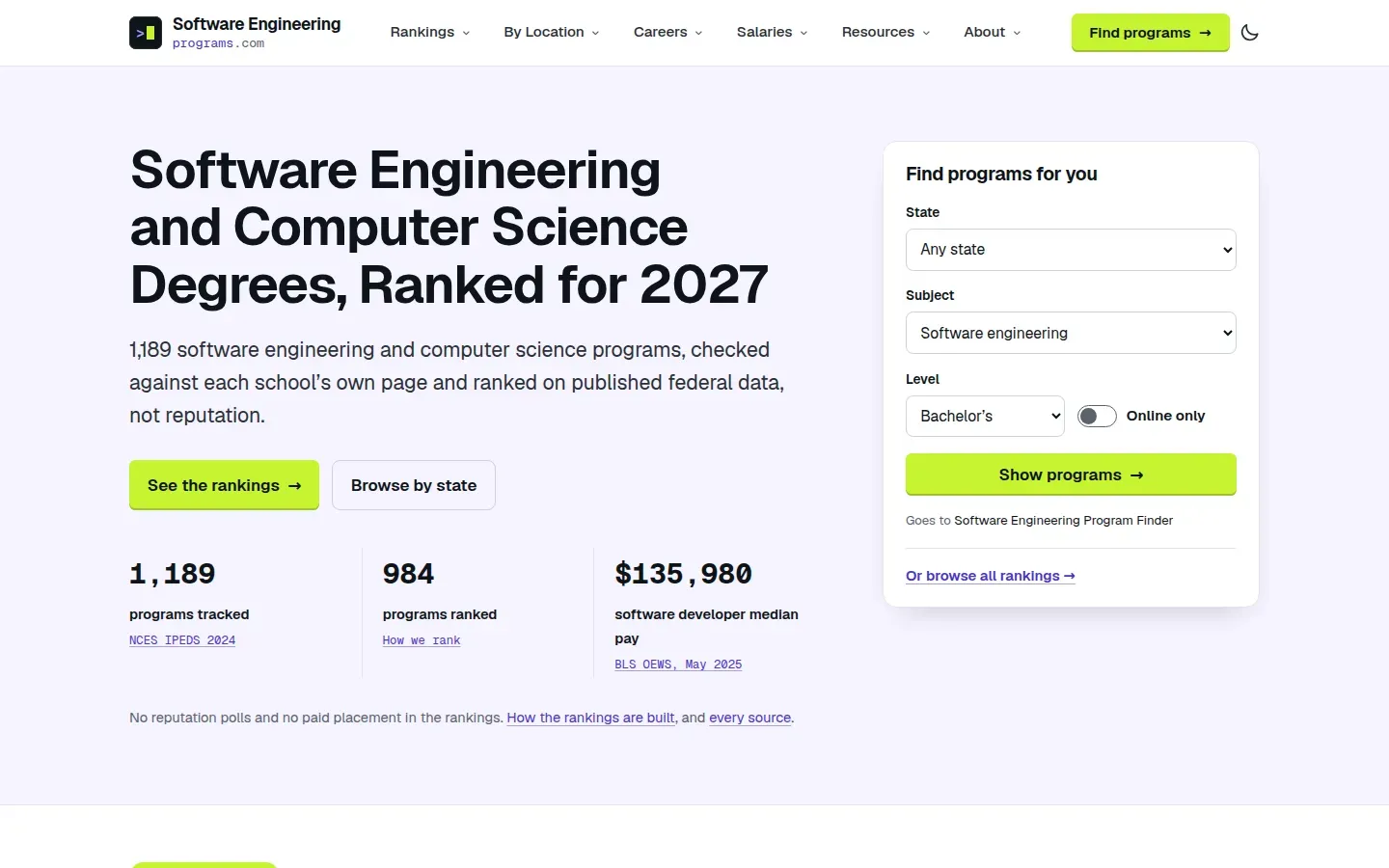 Software Engineering Programs website screenshot