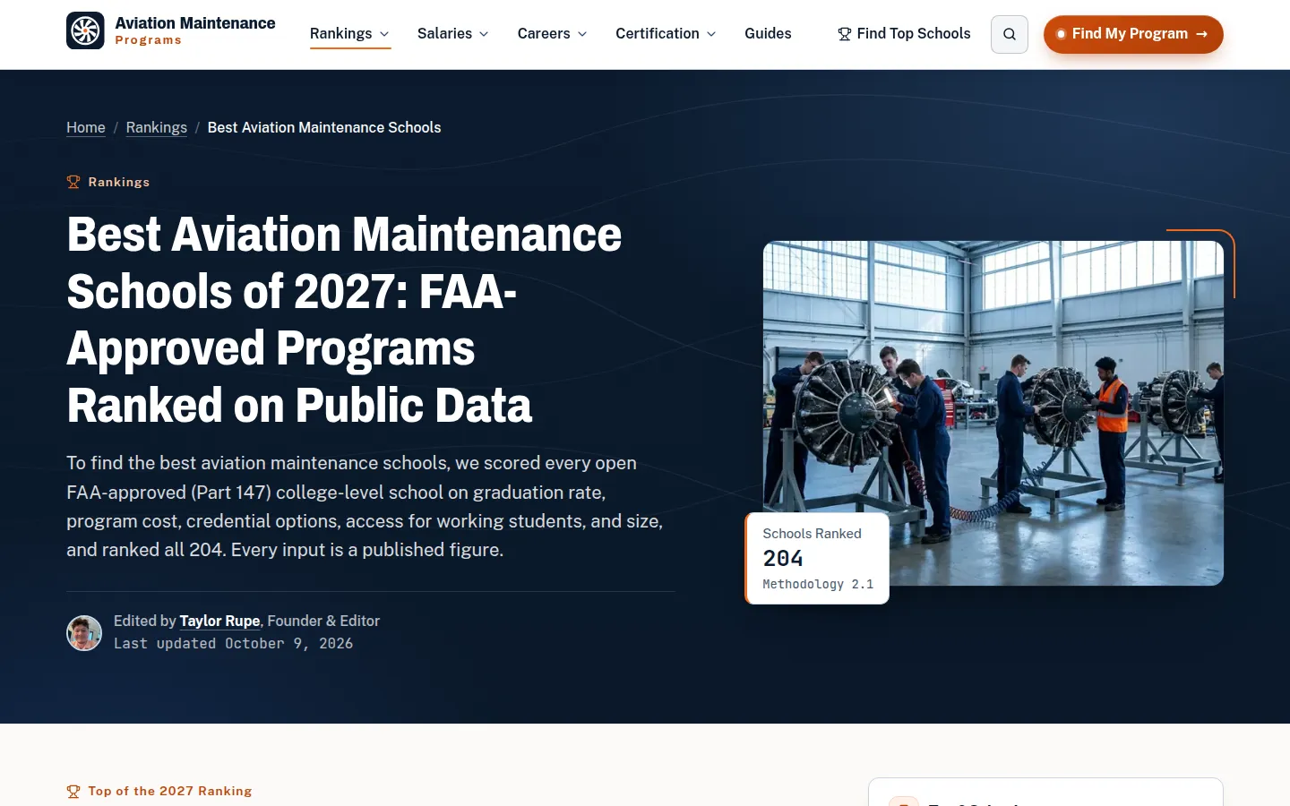 Best aviation maintenance schools ranking page with a hangar photo of students at engine stands and a card showing 204 schools ranked under methodology 2.1