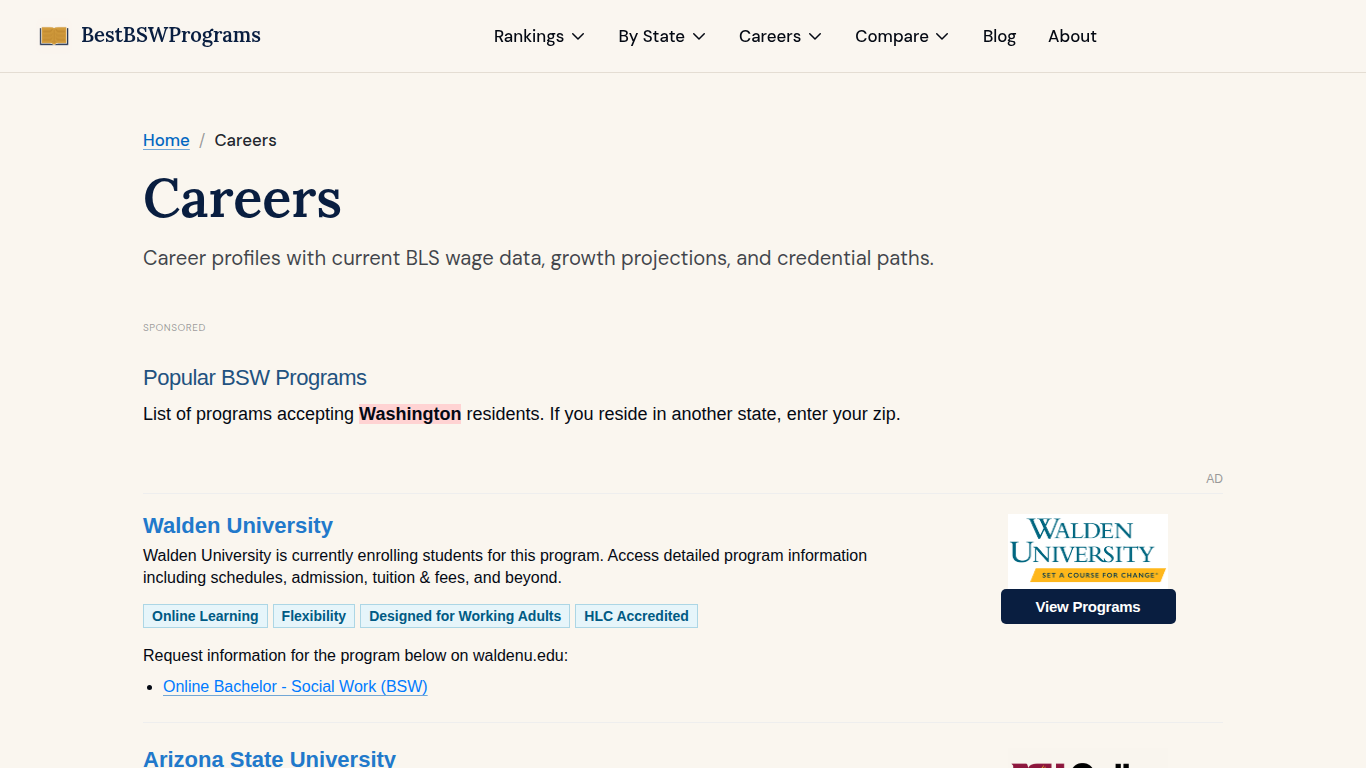BestBSWPrograms.com careers section for bachelor-level social work roles