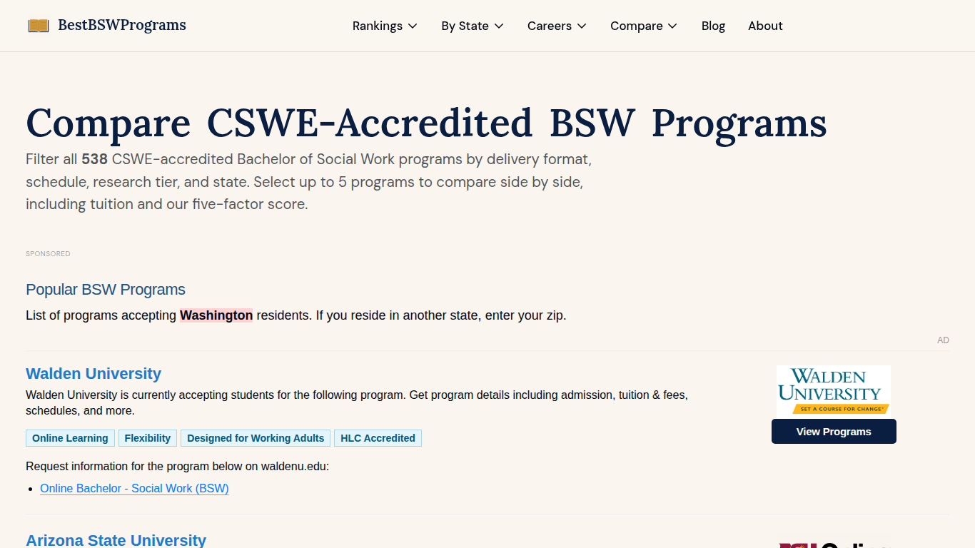 BestBSWPrograms.com comparison tool for filtering and comparing CSWE-accredited BSW programs side by side