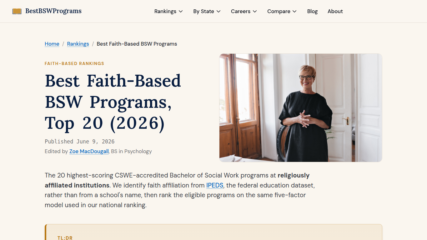 BestBSWPrograms.com best faith-based BSW programs ranking, top 20 at religiously affiliated institutions
