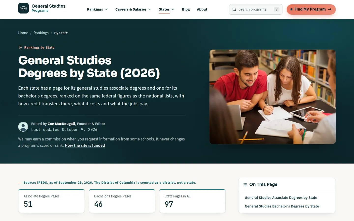 General Studies Degrees by State page showing the headline and counts of 51 associate degree pages, 46 bachelor's degree pages, and 97 state pages