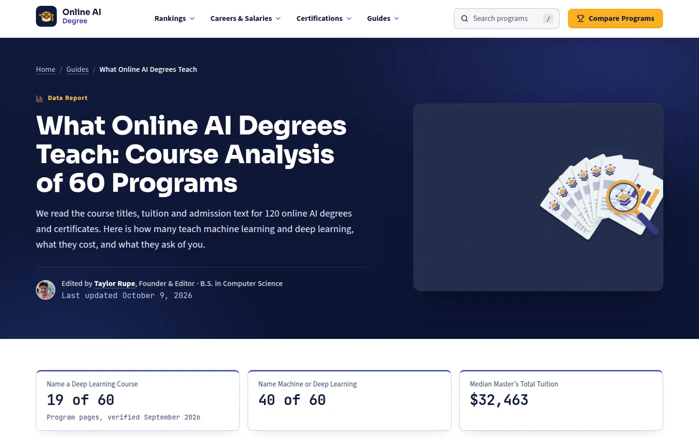 What Online AI Degrees Teach data report with headline findings of 19 of 60 programs naming a deep learning course, 40 of 60 naming machine or deep learning, and a median master's total tuition