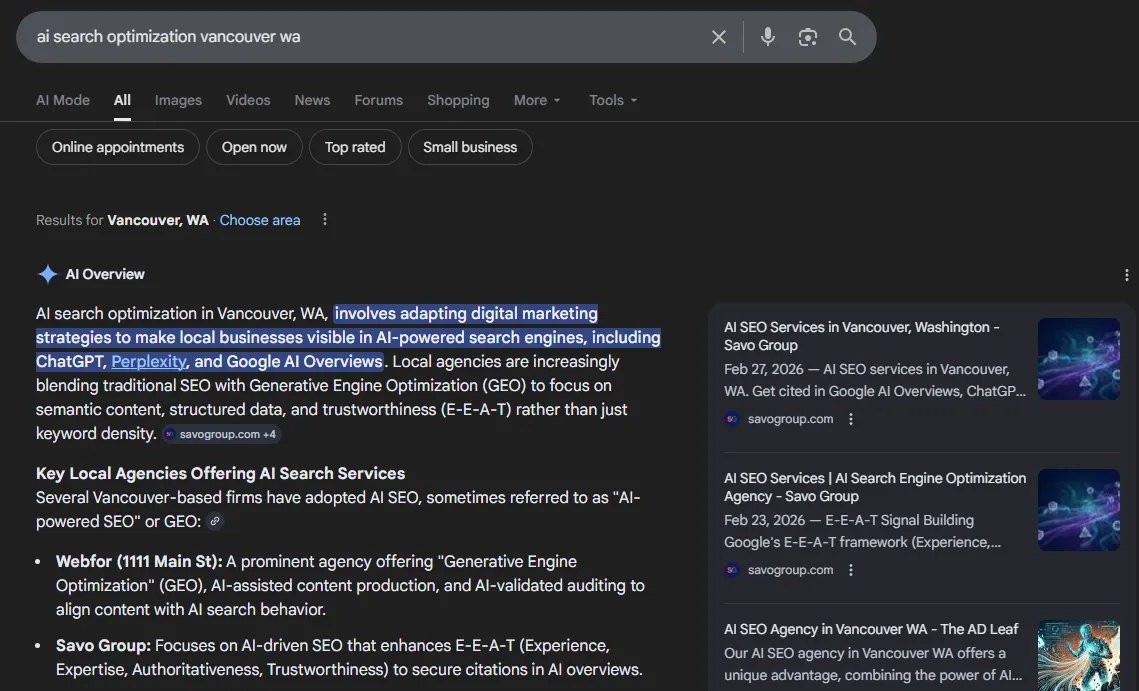 Savo Group dominating Google AI Overview and all sidebar results for ai search optimization vancouver wa