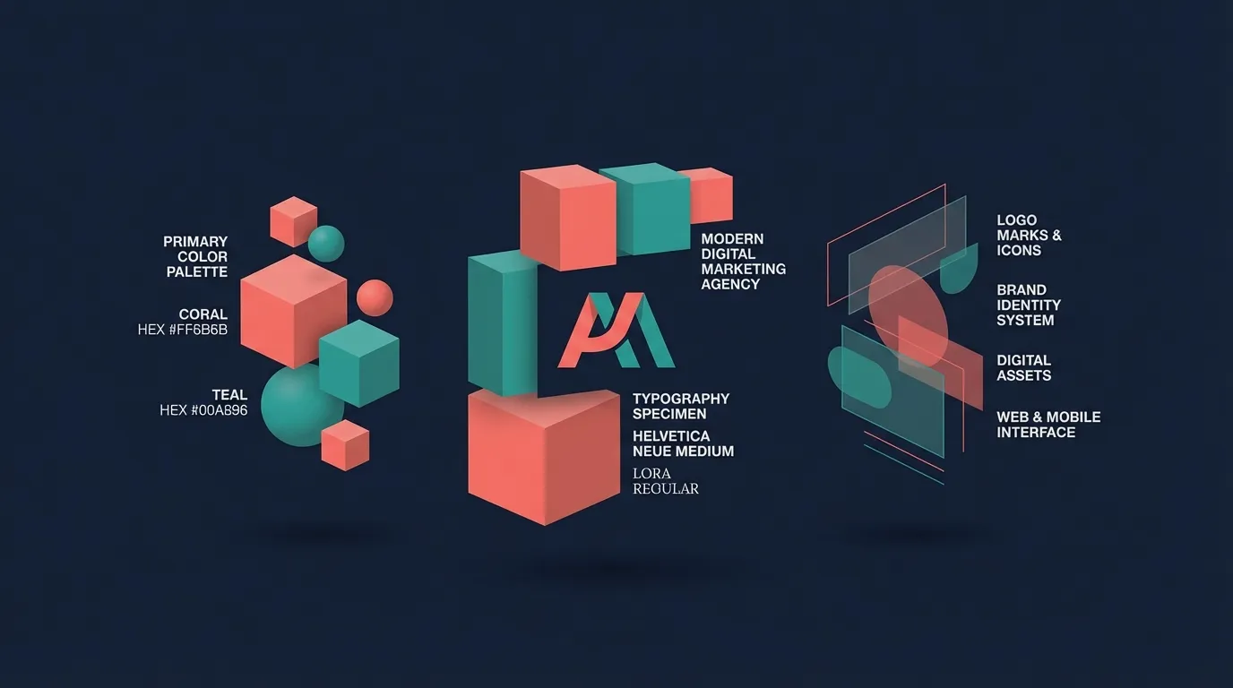 Brand identity elements including color swatches, typography, and design system components arranged in a cohesive layout