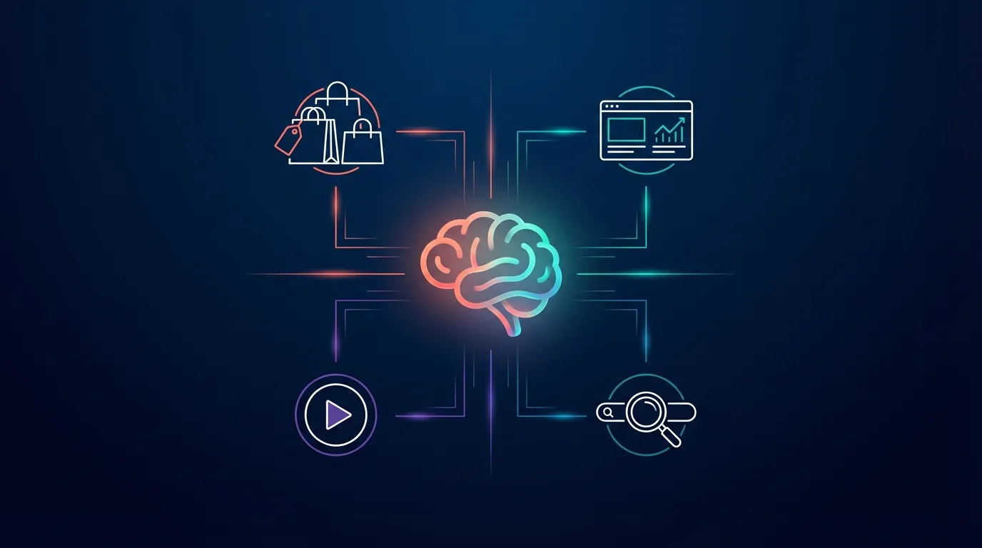 Google Performance Max campaign automation connecting shopping, display, video, and search ad channels through AI