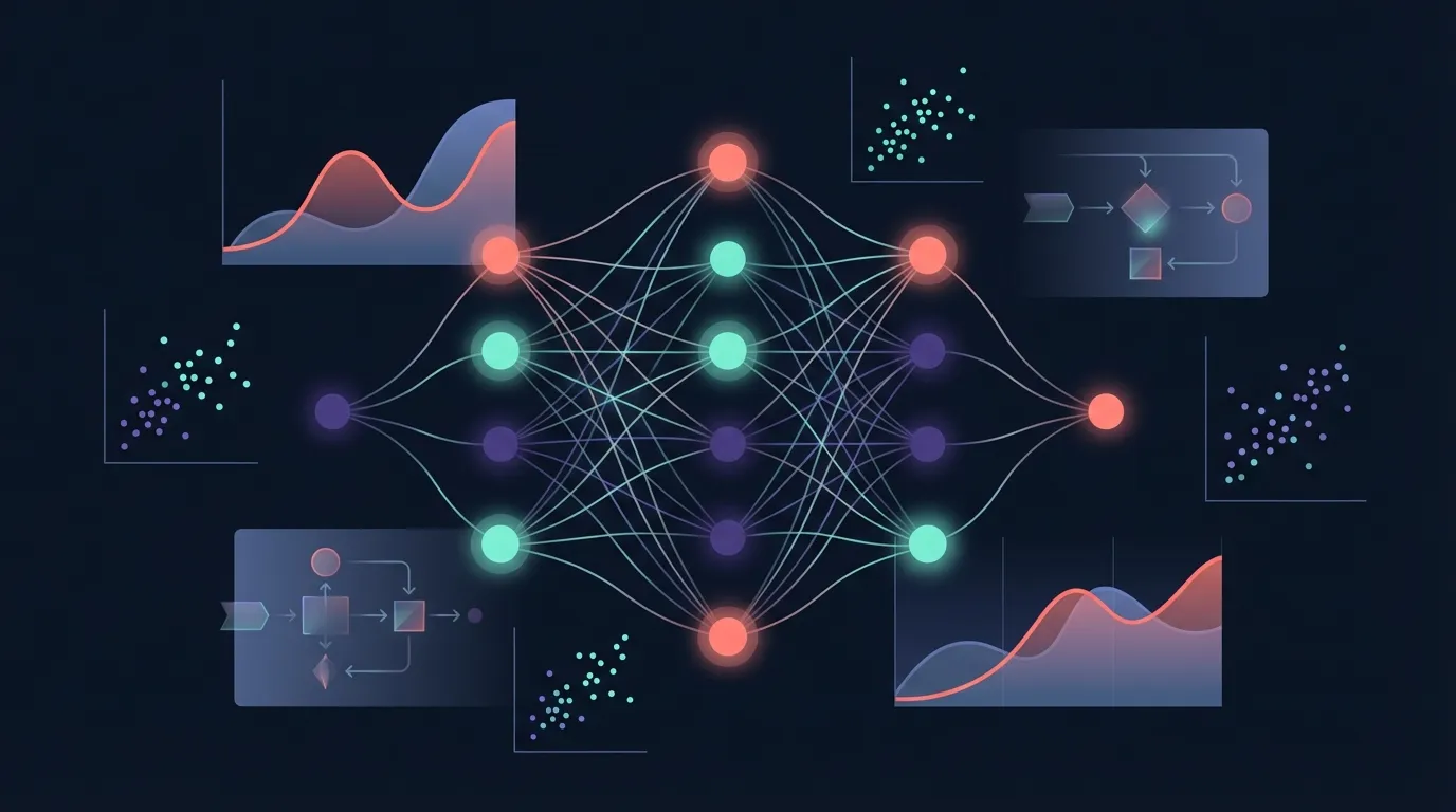 Predictive analytics data visualization with neural network nodes, prediction curves, and machine learning flow diagrams