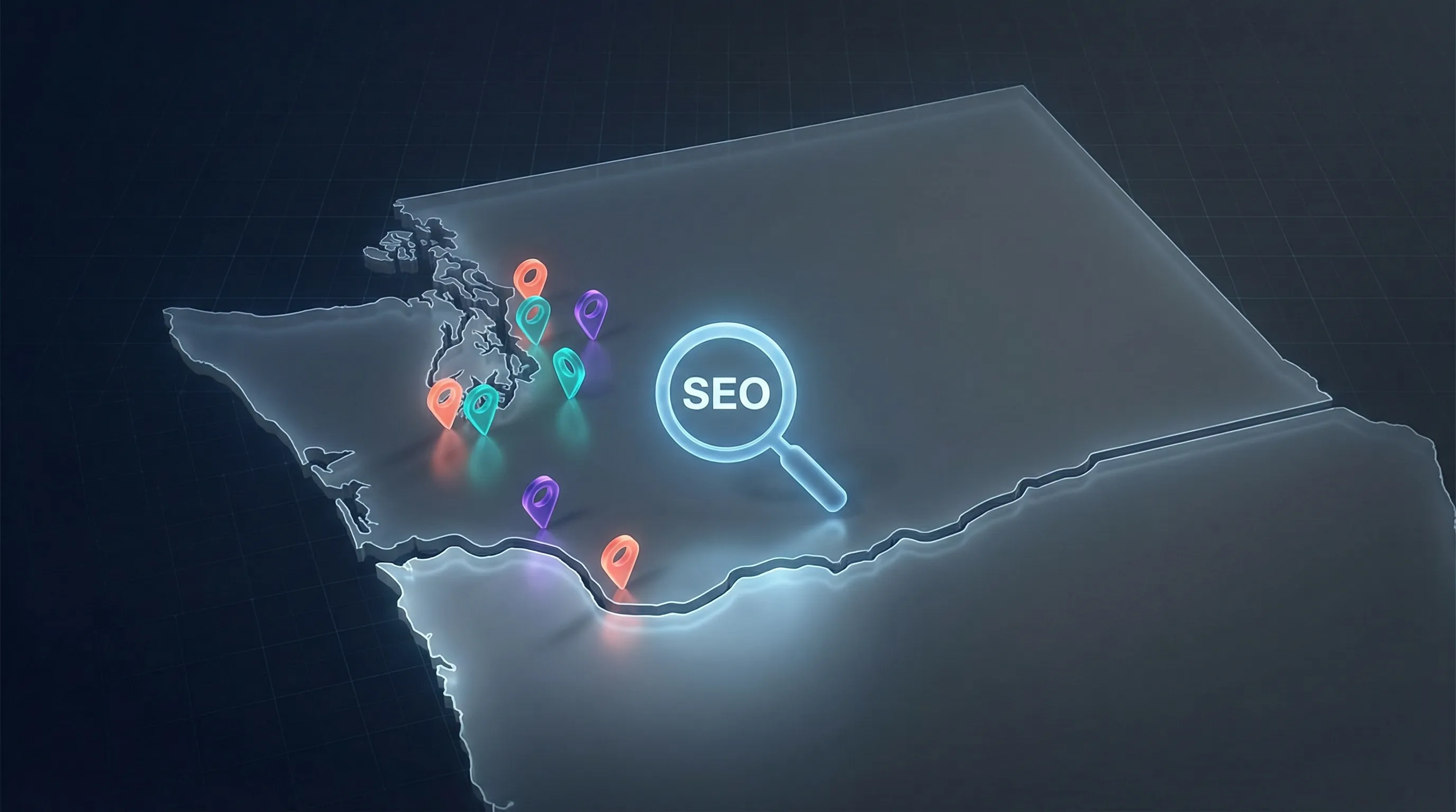 Map of the Pacific Northwest with glowing location pins representing SEO companies in Vancouver Washington and Portland Oregon