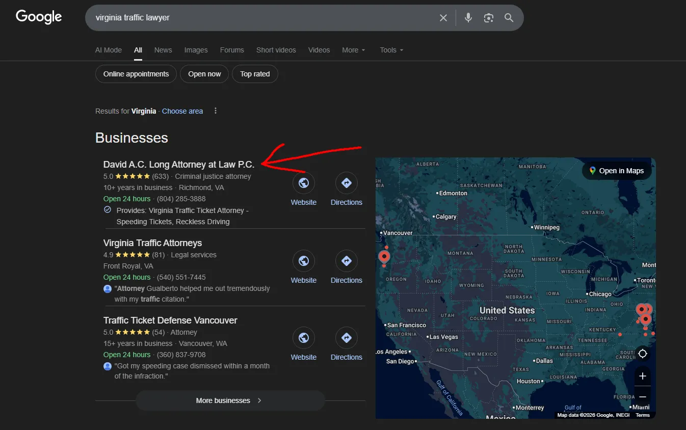 Google Maps showing David A.C. Long #1 for virginia traffic lawyer