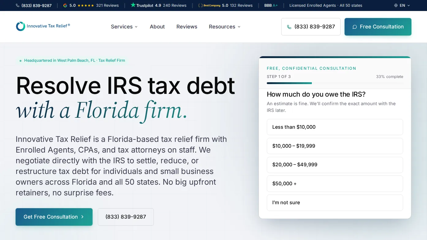 Innovative Tax Relief tax resolution firm website homepage