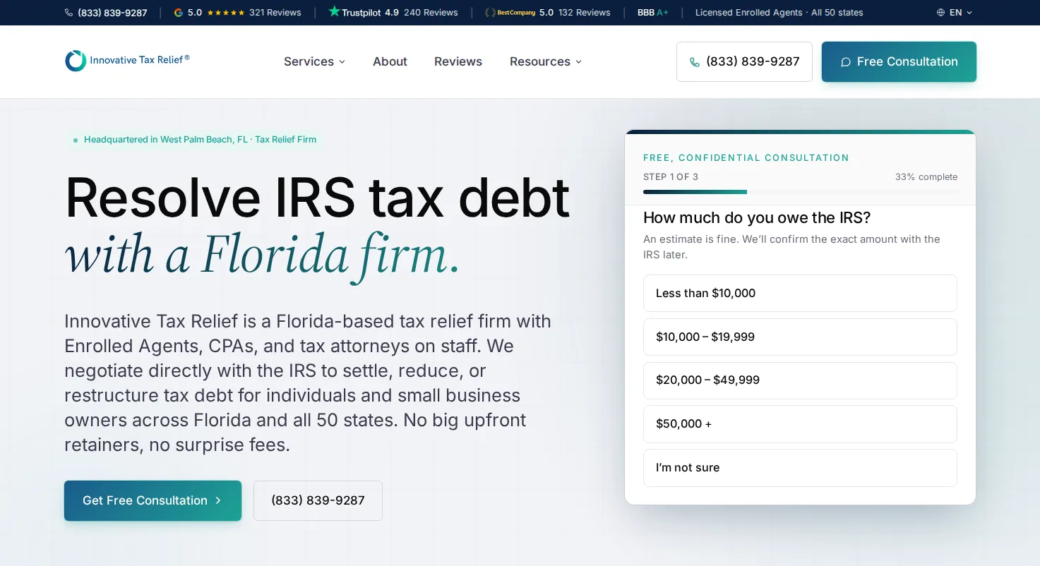 Innovative Tax Relief tax resolution firm website homepage