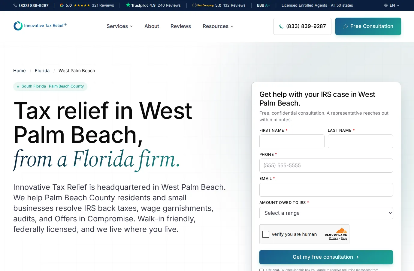 Innovative Tax Relief West Palm Beach service-area page with local copy and lead form