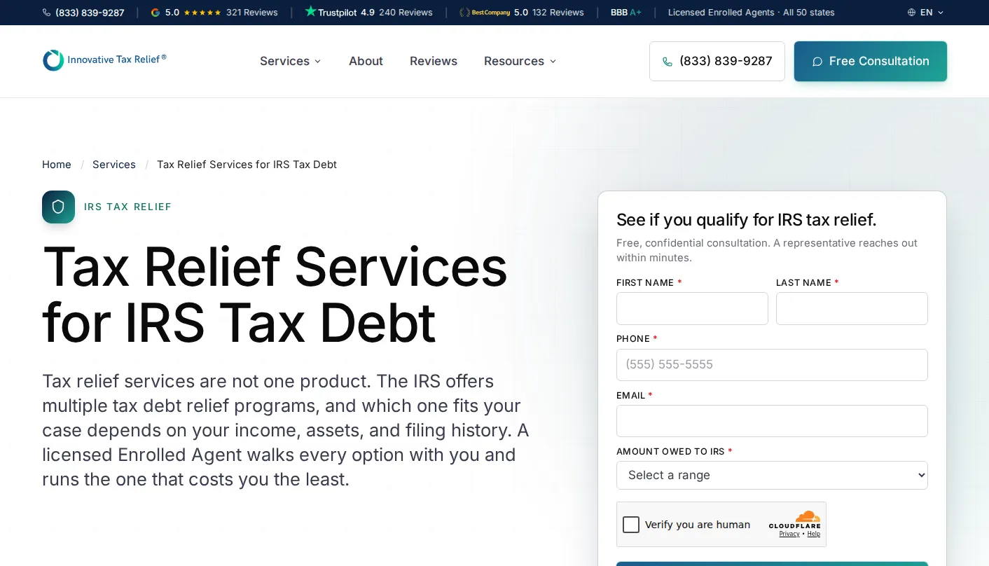 Innovative Tax Relief tax relief service page, one of eleven hand-coded service pages