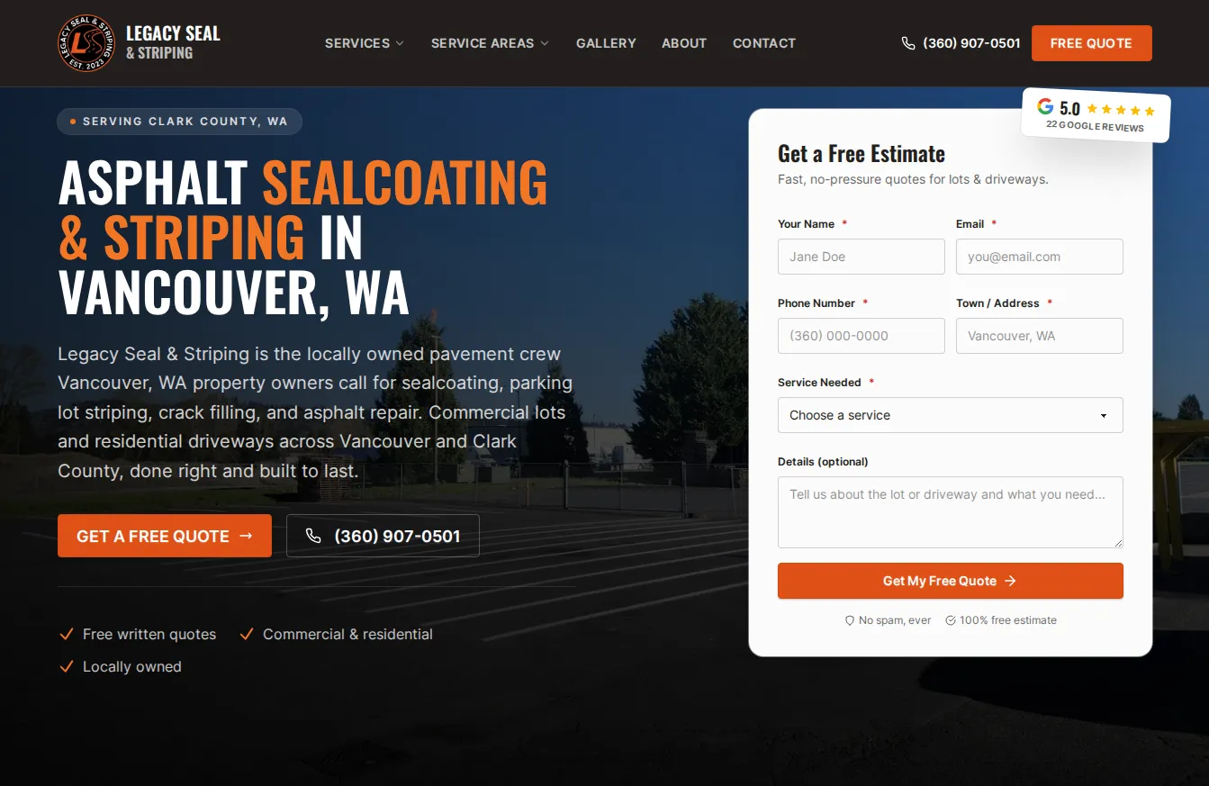 Legacy Seal & Striping website built by Savo Group