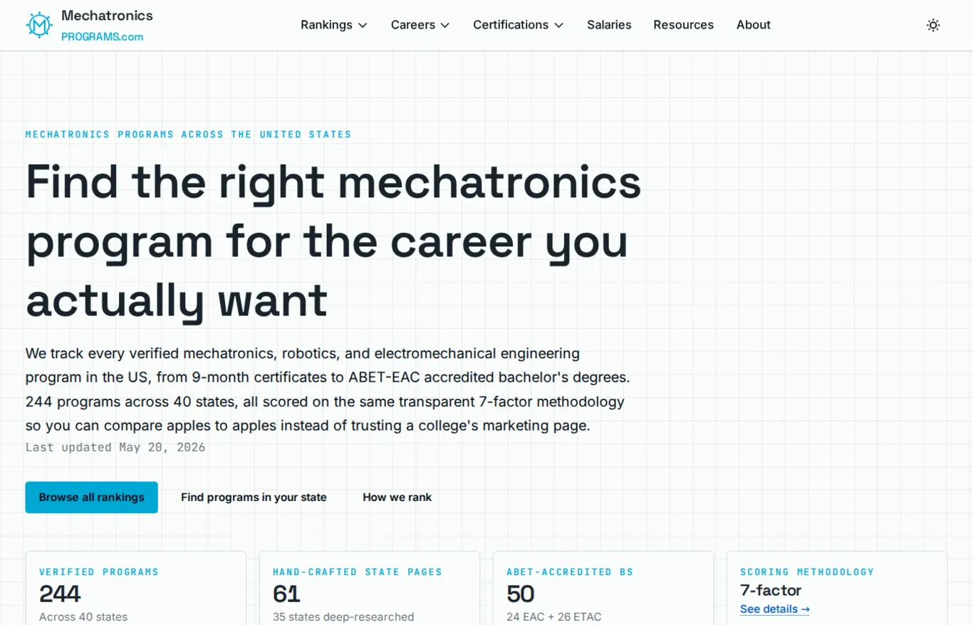 MechatronicsPrograms.com education authority site homepage