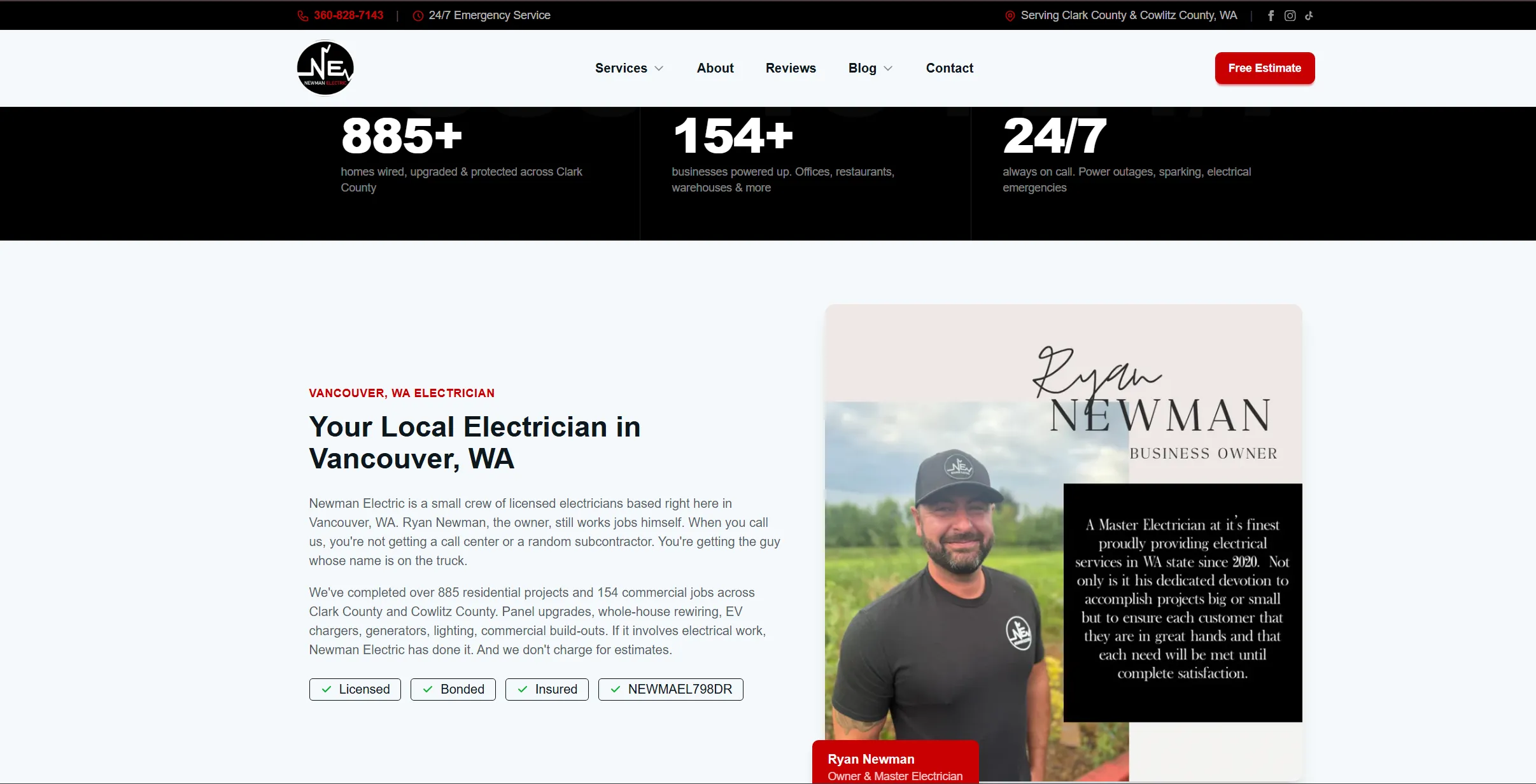 Newman Electric custom electrician website designed by Savo Group