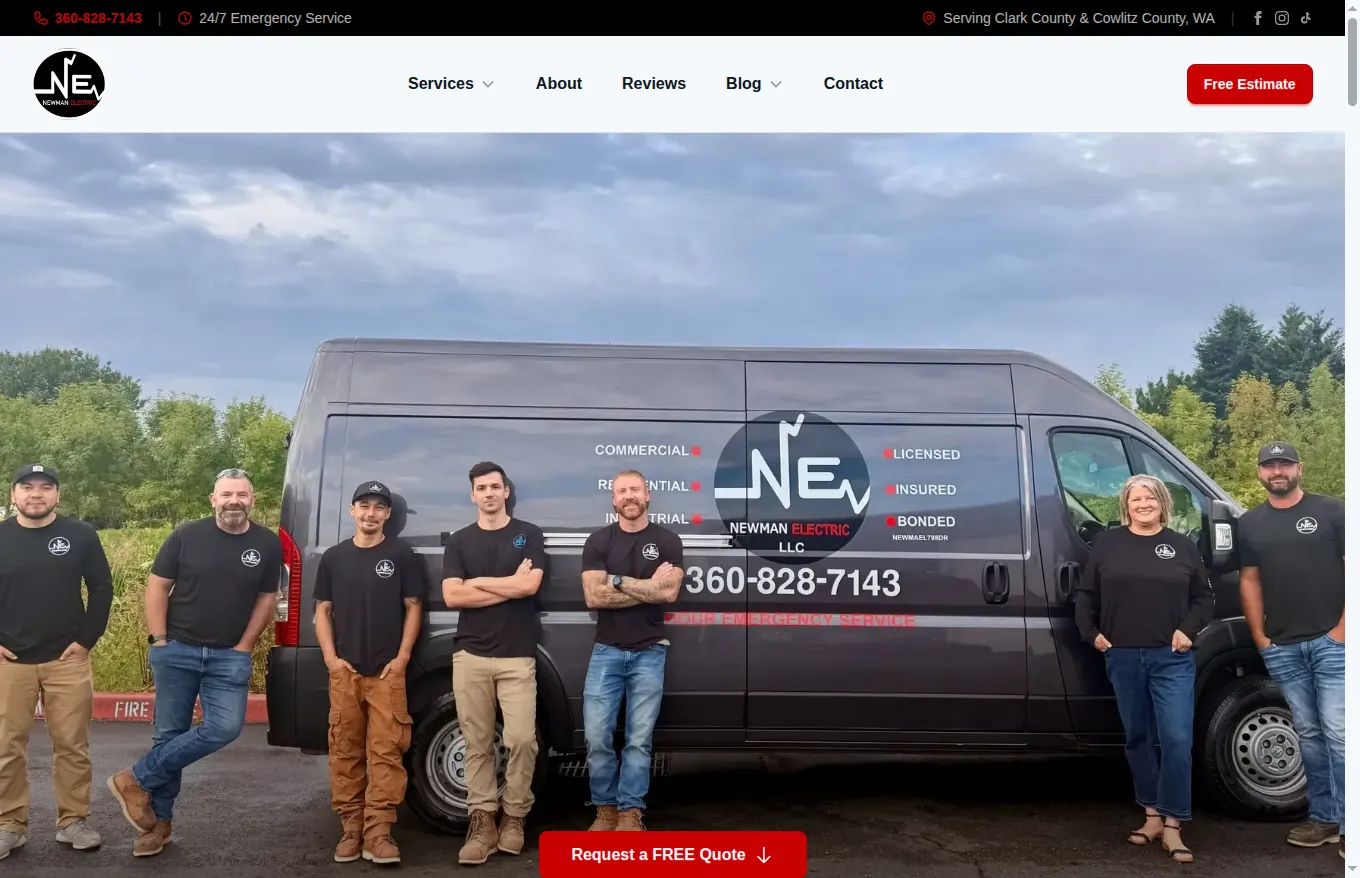 Newman Electric homepage, custom electrician website built by Savo Group