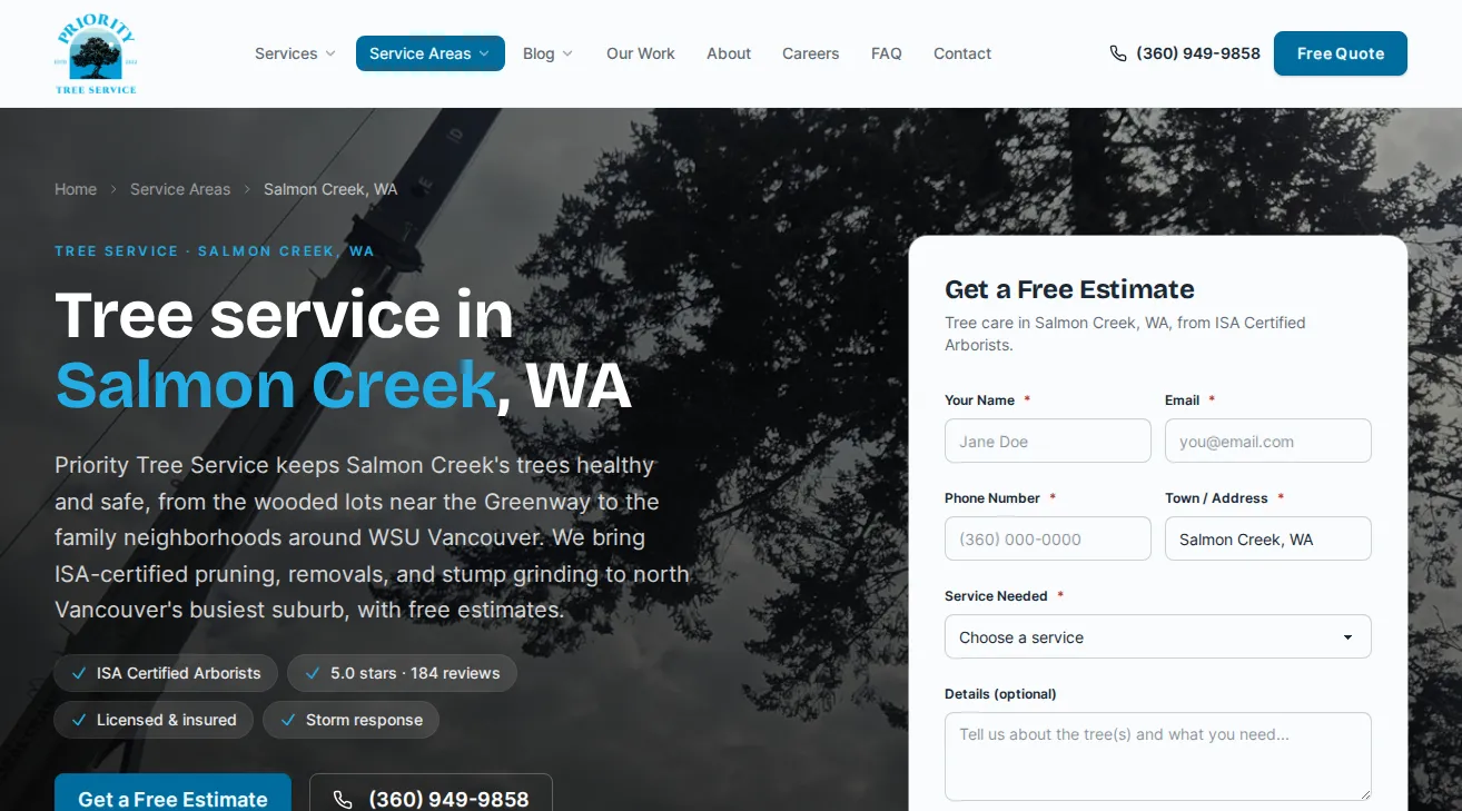 Priority Tree Service Salmon Creek, WA service-area page with local copy and estimate form