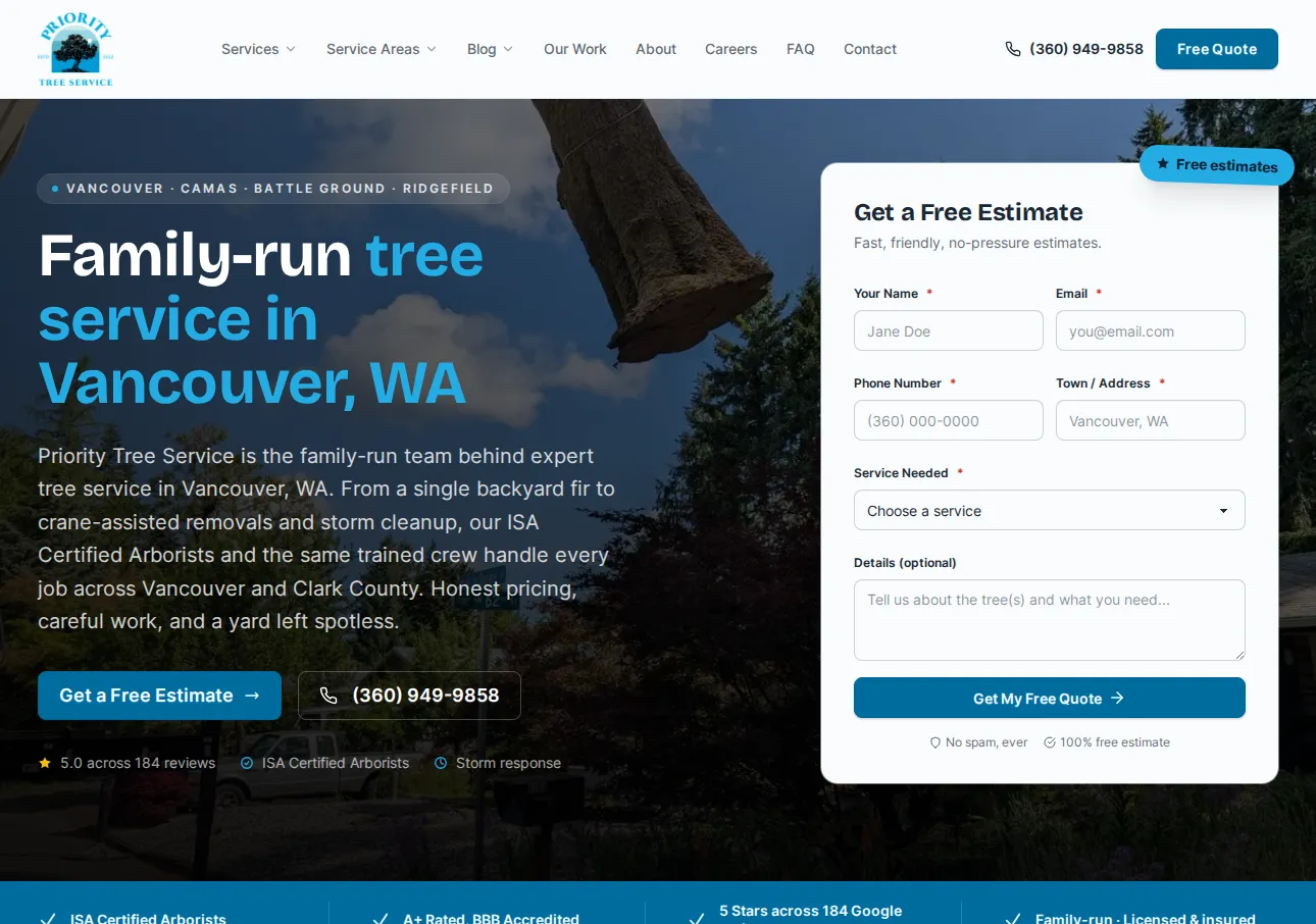 Priority Tree Service tree care company website homepage