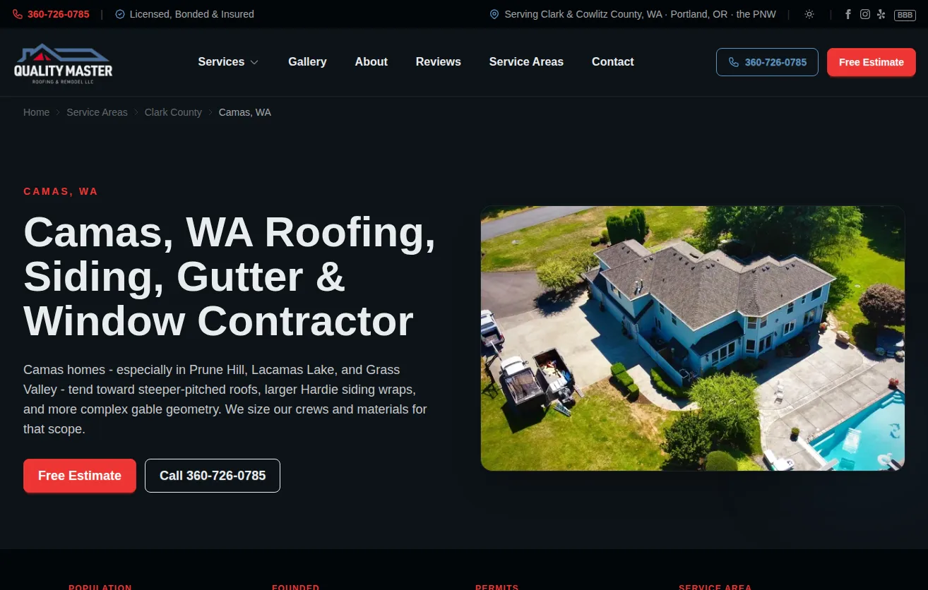 Quality Master Roofing & Remodel Camas, WA service-area page with local copy and estimate form
