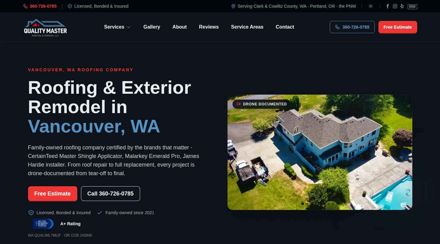Quality Master Roofing & Remodel exterior contractor website homepage