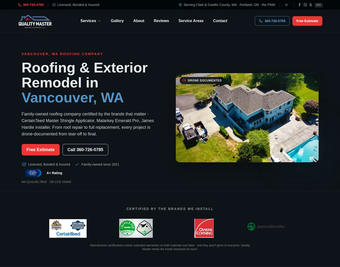 Quality Master Roofing & Remodel exterior contractor website homepage