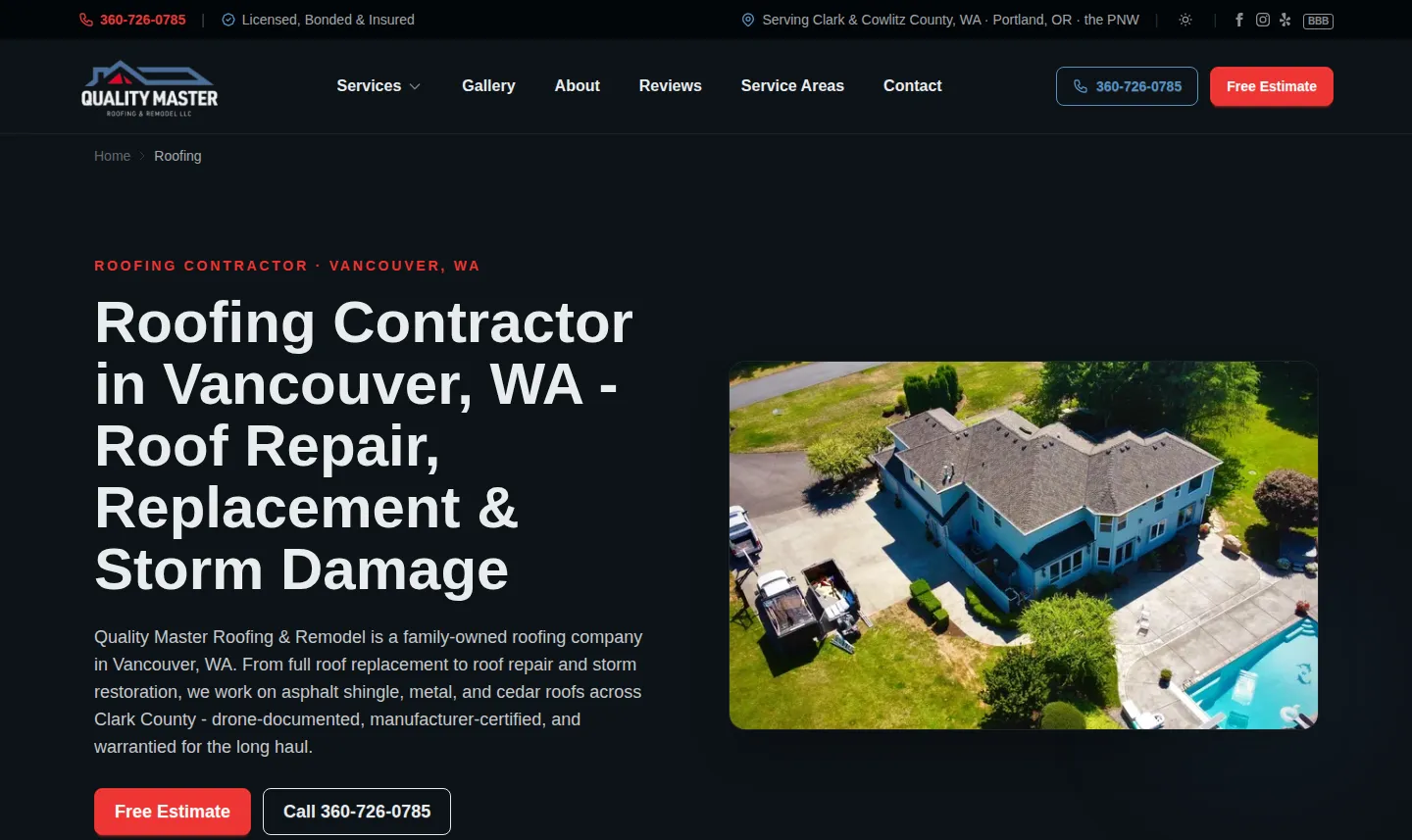 Quality Master Roofing & Remodel roofing service page with roof repair, replacement, and storm damage
