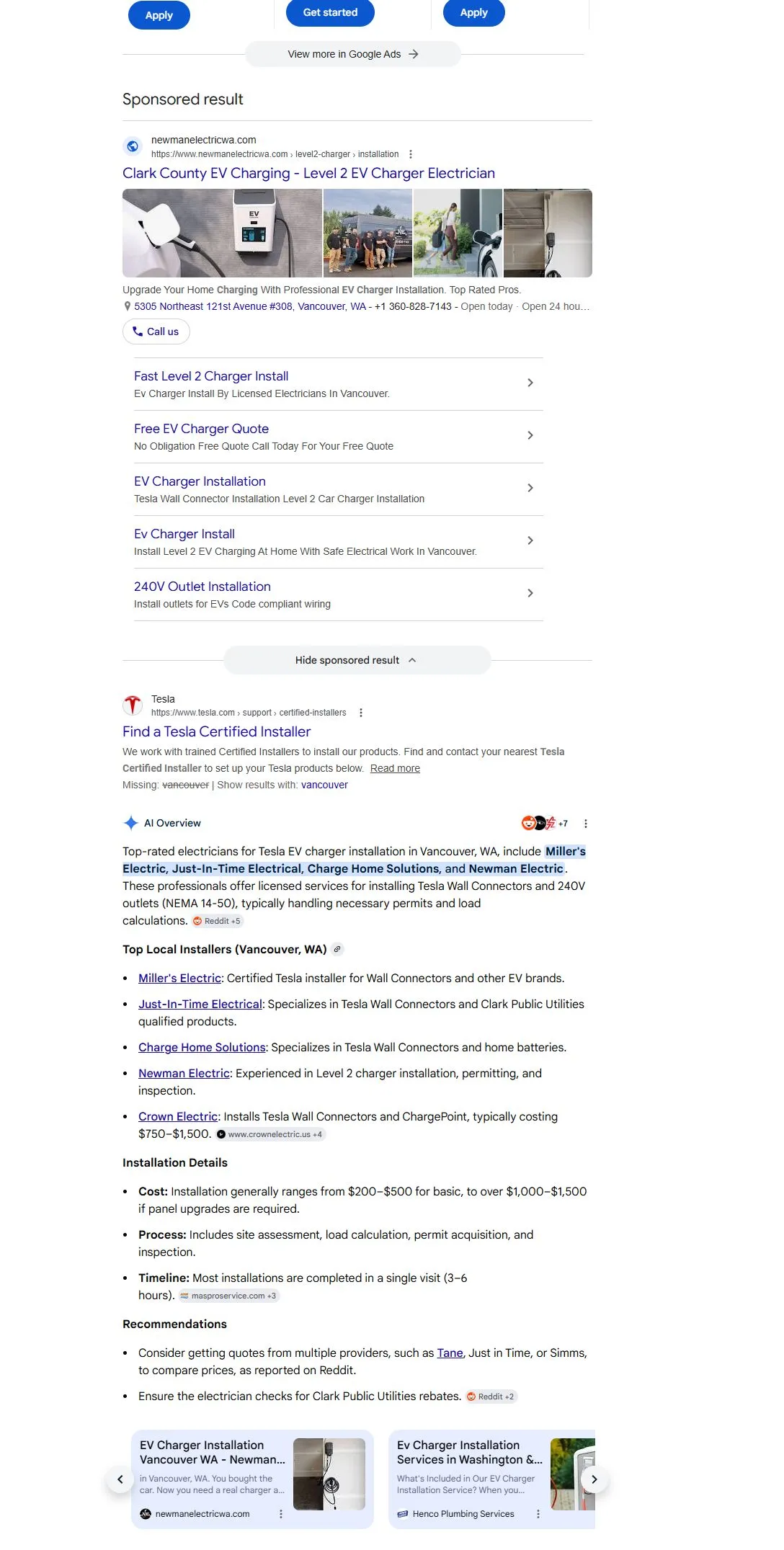 Google search results for EV charger installation in Vancouver WA showing Newman Electric in a sponsored result at the top of the page and cited as a top-rated installer in Google's AI Overview