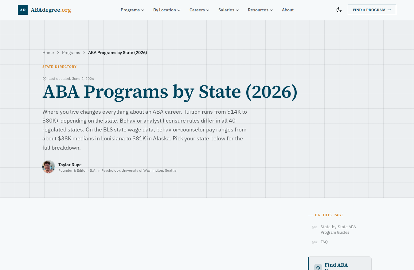 ABAdegree.org ABA Programs by State 2026 hub page with a bylined author and an intro explaining how licensure and wages vary by state