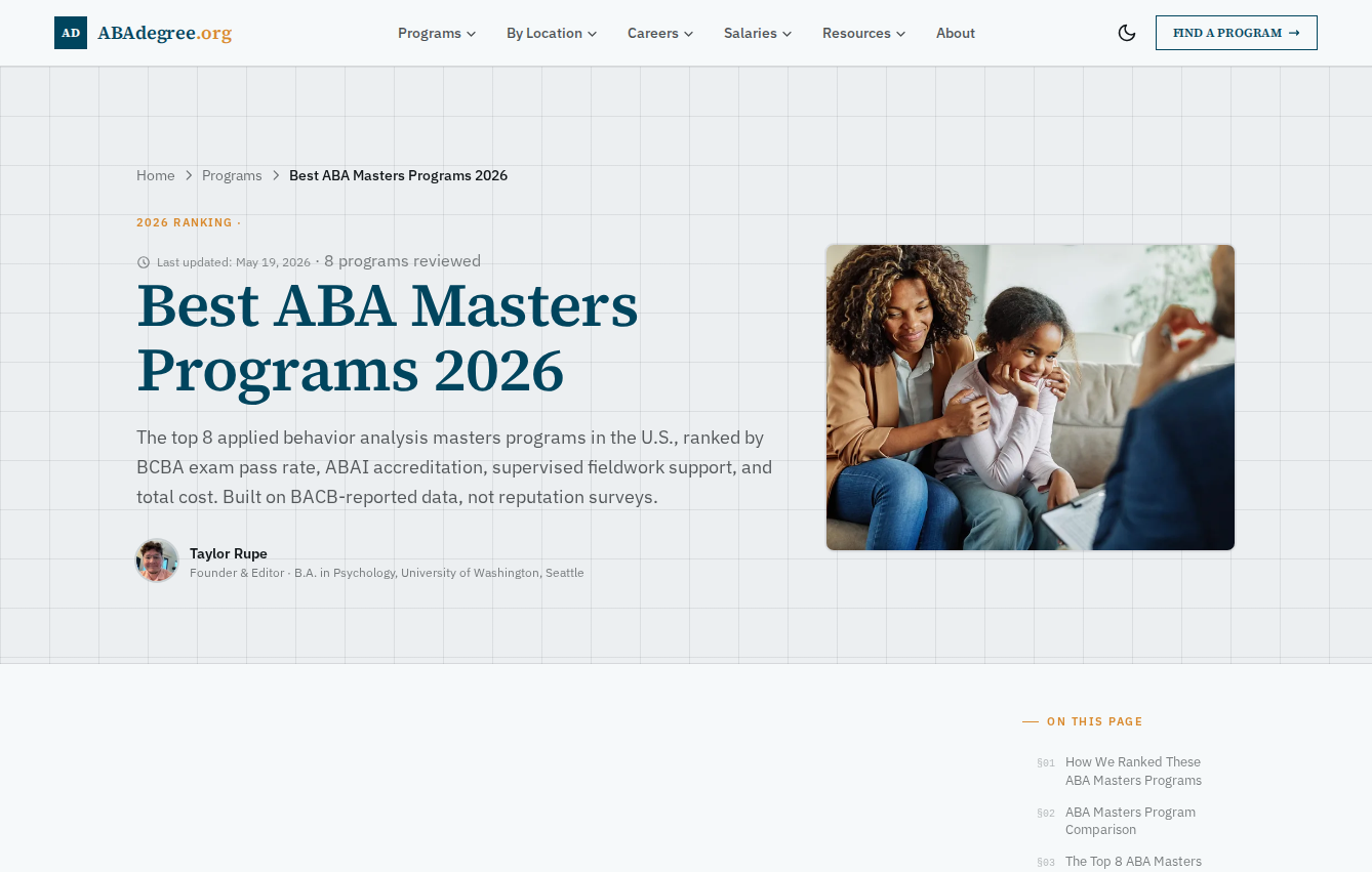 ABAdegree.org best ABA masters programs ranking page, headlined Best ABA Masters Programs 2026, with a bylined author and an on-this-page table of contents