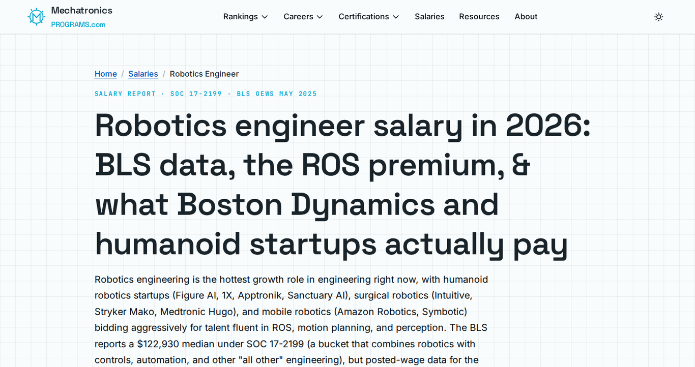 MechatronicsPrograms.com robotics engineer salary report page