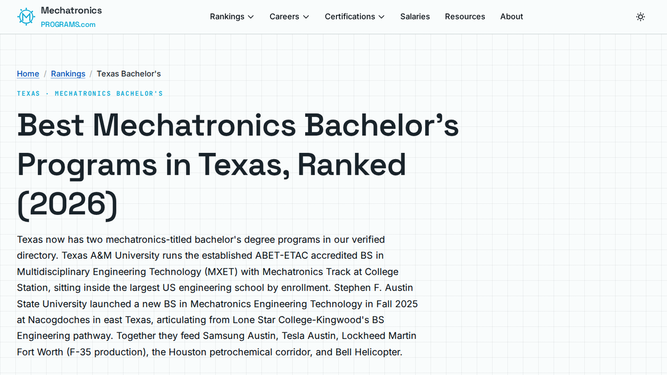 MechatronicsPrograms.com Texas bachelor's ranking page with the headline Best Mechatronics Bachelor's Programs in Texas, Ranked 2026, naming Texas A&M and Stephen F. Austin