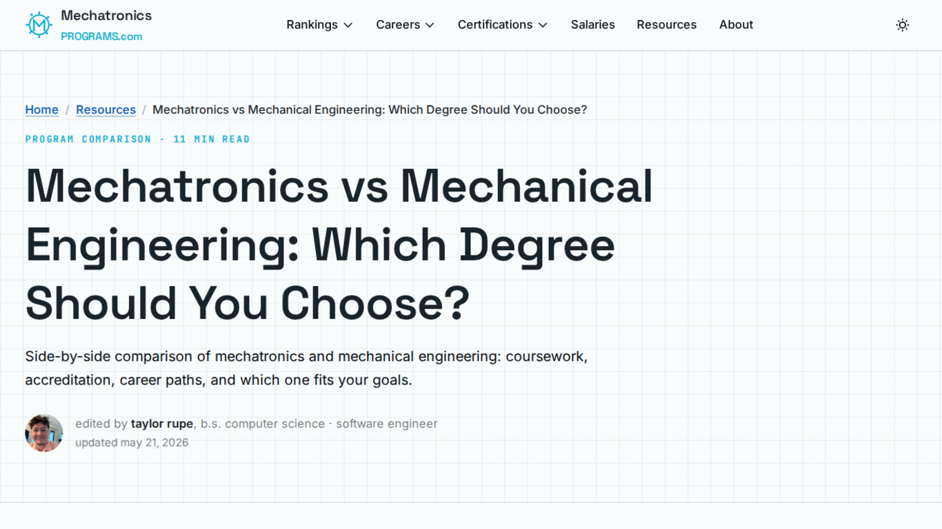 MechatronicsPrograms.com comparison page with the headline Mechatronics vs Mechanical Engineering, Which Degree Should You Choose