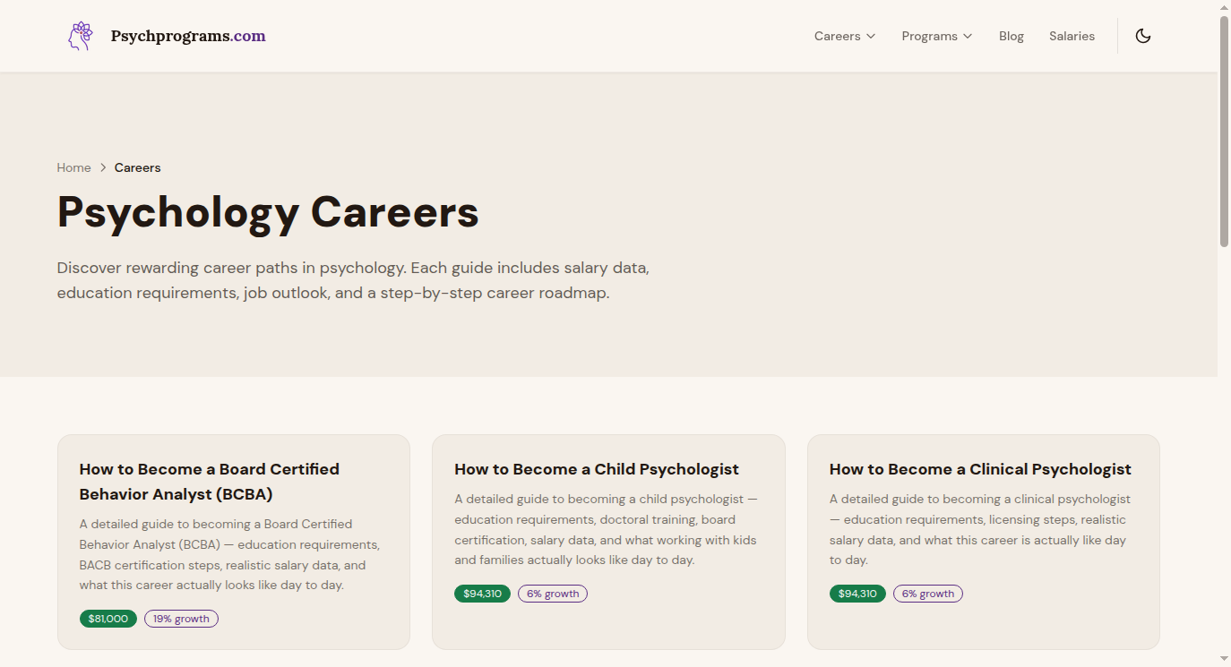 PsychPrograms.com careers directory showing career cards with salary badges and growth percentages